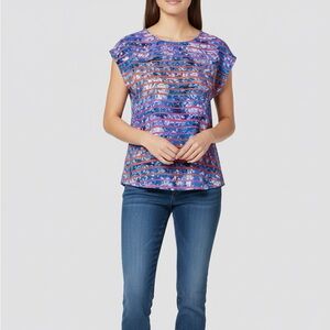 Banana Republic Floral Blue Pink/Orange Striped Cap Sleeve Blouse Size S.